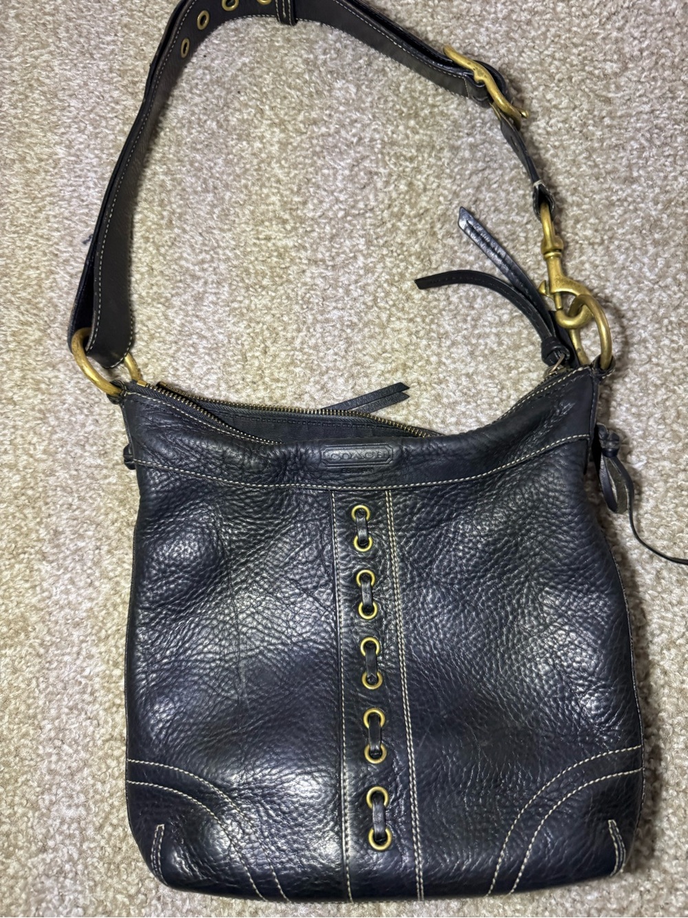 Coach Black Pebbled Leather Shoulder Bag with Brass Hardware